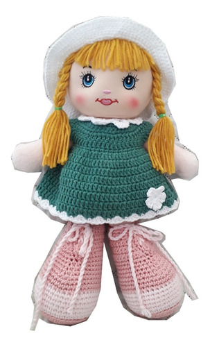 Muñeca Con Vestido Tejido A Mano En Crochet Rubia De Trenzas