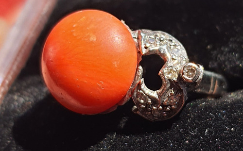 Antiguo Anillo Plata Paladio Con Diamantes Coral Talla 8 Coral 8 (Usado)