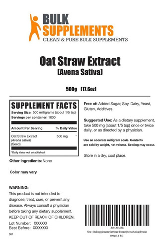 Bulk Supplements | Extracto Paja Avena | 500g | 1000 Servic