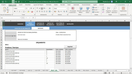 Planilha De Orçamento De Materiais E Mão De Obra 4.0