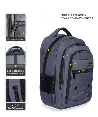 Imagen 7 de 10 de Mochila Notebook Usb Urbana Reforzada 4 Compartimientos