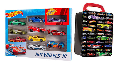 Pack 10 Autos + Caja Porta Autos Hot Wheels Mattel