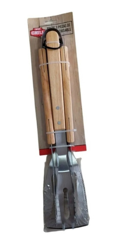Juego Asado 3 Pzas Acero Inox Madera Carnes Asador Parrilla