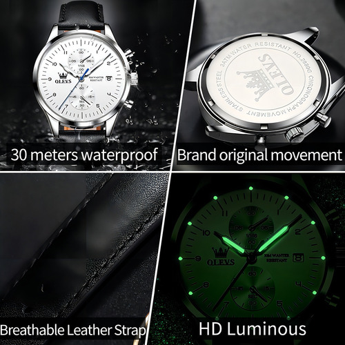 Olevs Reloj Cronógrafo De Cuero Impermeable Para Hombre