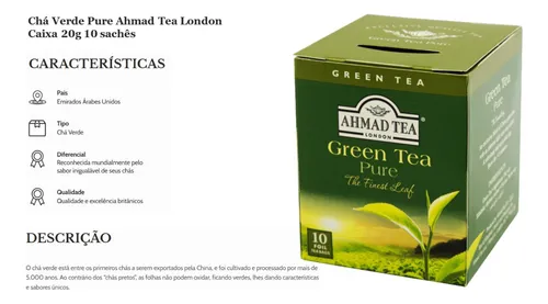 Chá Verde Pure Ahmad Tea London 10 Unidades de 20g