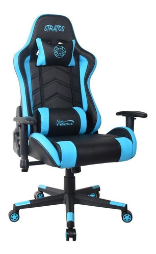 Imagen 2 de 4 de Silla de escritorio Njoytech Stratos gamer ergonómica negra y azul con tapizado de cuero sintético