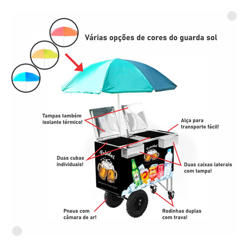 Carrinho Duas Cubas Duplo Inox Açaí Refrigerantes Sucos