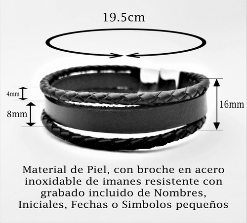 Imagen 5 de 8 de Pulsera Acero Y Piel Broche Magnético Grabado Láser M1156
