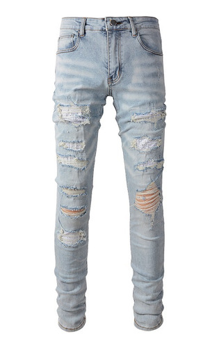 Jeans/pantalones Elásticos Con Parche De Diamantes De Color