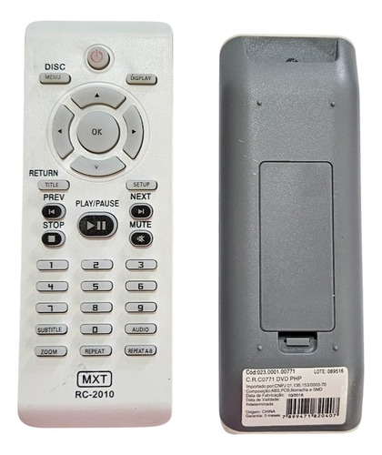 Controle Remoto Para Dvd Philips Mxt Rc2010 Dvp3040 E Outros