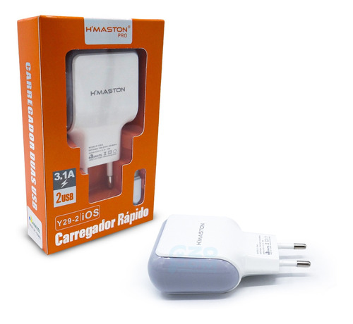 Carregador 2 Usb Carga Rápida H'maston 3.1a Ios Cor Branco