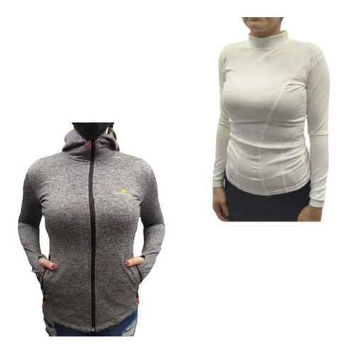 Campera Deportiva Lycra Mujer Capucha +camiseta Termica Bl