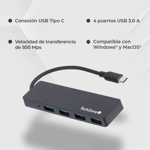 Hub Usb Tipo C Con 4 Puertos Usb 3.0 De Alta Velocidad Color Negro