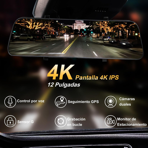 12'' 4k Espejo Retrovisor Dashcam Con Cámaras Duales 4k+2k