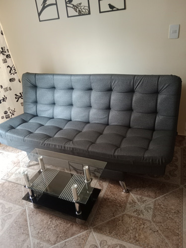 Sofa Cama Tela Anti Rasguño Color Gris Con Mesa De Centro 