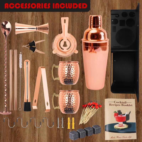 Set Mug - Coctelera Cobre 18 Pcs, Incluye Colgador De Pared