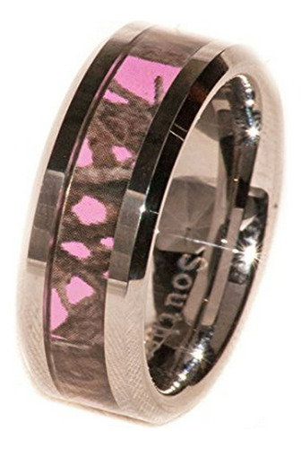 Pink Camo On Silver Tungsten Band Rings For Her - Wedding Pr