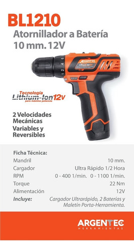 Taladro Atornillador A Bateria Argentec Bl1210 12v Ion Litio