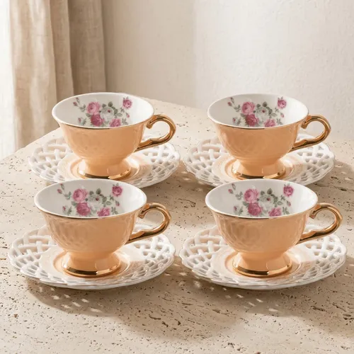 Jogo 4 Xícaras Café Mon Désir Porcelana Borda Dourada 90ml | Frete