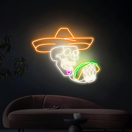 Letrero Neón Calavera Sombrero Y Tacos C/ Control Atenuador Color Blanco + Naranja