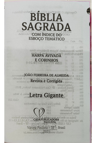 Bíblia Sagrada Rc Letra Gigante Com Harpa E Corinhos Capa Dura Floral Rosa Com Índice Lateral