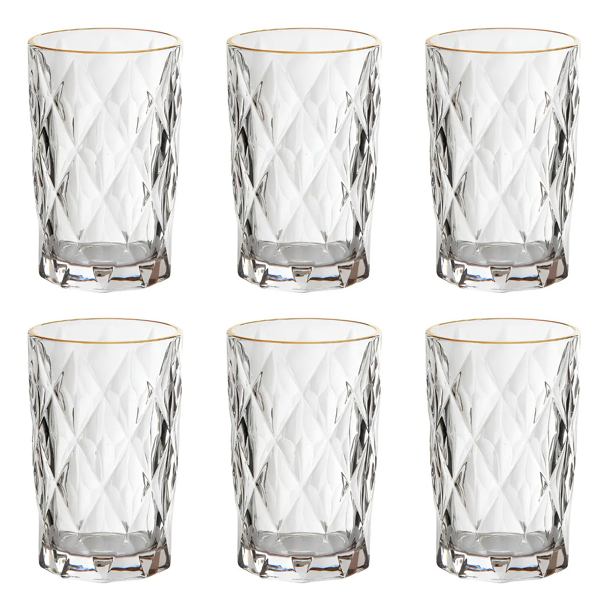 Jogo 6 Copos Altos Vidro 350ml Diamond Clear Borda Dourada Ke ﻿Home