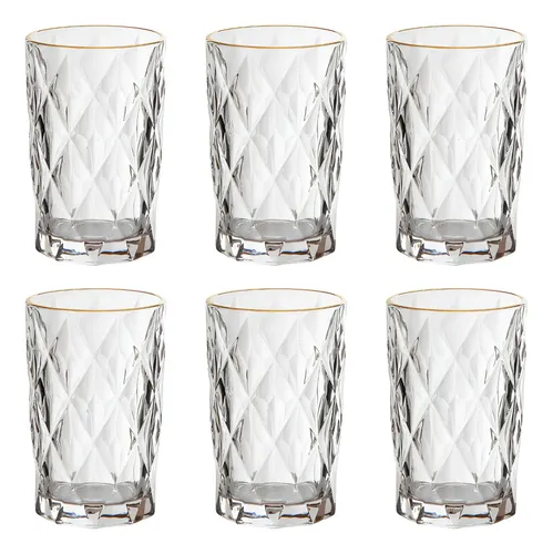 Jogo 6 Copos Altos Vidro 350ml Diamond Clear Borda Dourada Ke Home Transparente Com Borda Dourada