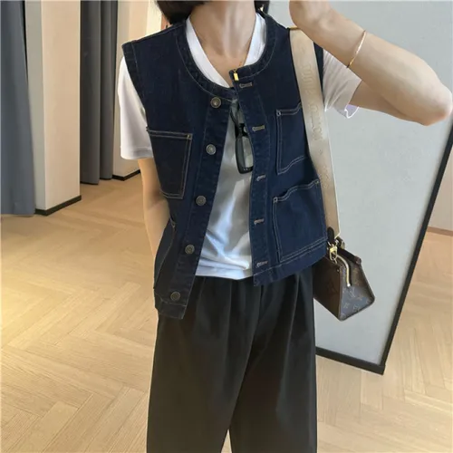 Chaleco De Mezclilla Corto De Estilo Coreano Con Cuello Redo