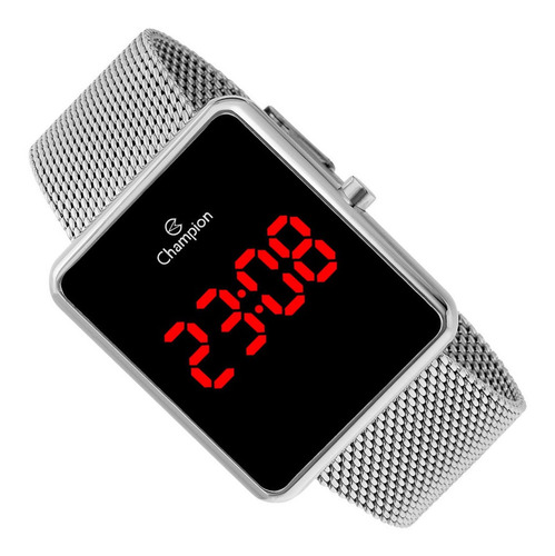 Relogio Feminino Digital Led Vermelho Prata Quadrado Champion Original+nf