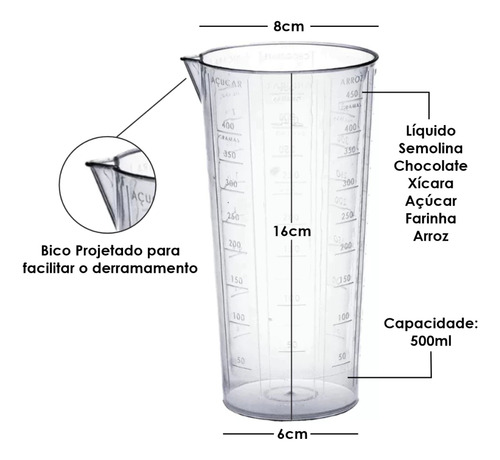 Copo Graduado Medidor de 500ml / gramas com Graduação de Xícara, Chocolate, Semolina