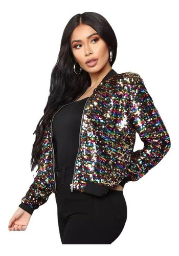 Chaqueta Bomber De Color Con Lentejuelas Brillantes