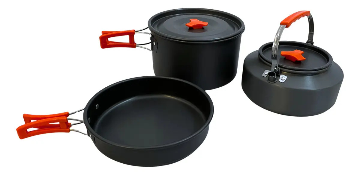 Kit Jogo Panela Camping Chaleira Portátil Alumínio Trilha