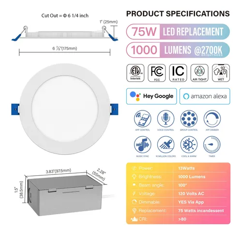 Jullison Luz Led Inteligente Empotrable Delgada De 6 Pulgada