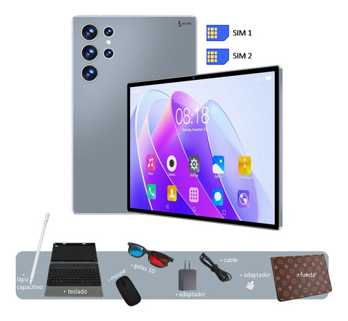 Tableta Android Tablet 10.1'' 16+512gb Con Teclado 2 Sim Gps Color Gris Claro
