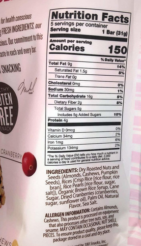 180 Snacks Fruit Nut & Seed Crunch Bar 1 Pack, 5 Snack Bars