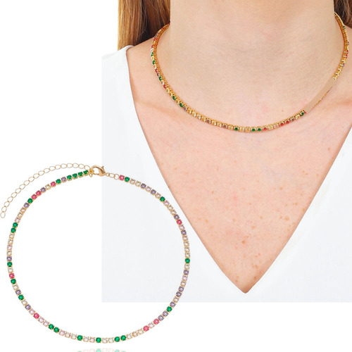 Colar Riviera Choker Zircônias Coloridas Follheado A Ouro