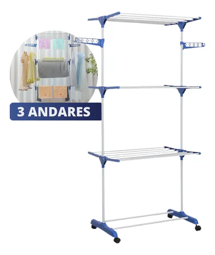 Varal De Chão Aço 3 Andares Dobrável Retrátil Resistente Multiuso Grande Super Pratico Para Roupas Com 4 Rodas Vertical Compacto Fácil Montagem Alta Capacidade Secagem Rapida Azul