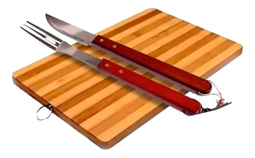 Set Asado Kit Parrillero Tabla De Picar + Tenedor Y Cuchillo