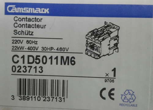 Contactor 50 A Bobina 220 V 22 Kw/30 Hpc1d5011m6 Camsmark