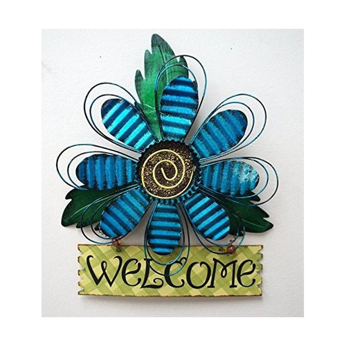 Metal Que Cuelga Flor Azul Bienvenido Puerta Decoración