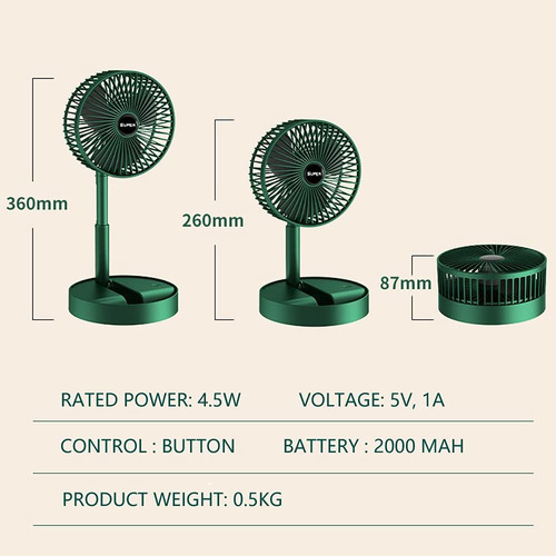 Ventilador De Escritorio Inalámbrico Usb, 3 Velocidades Hgq Verde