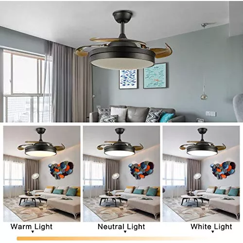 WUPYI Lámpara de techo con ventilador de 42 pulgadas, ventilador de techo  invisible con luz y control remoto, luces LED de tres colores, aspas