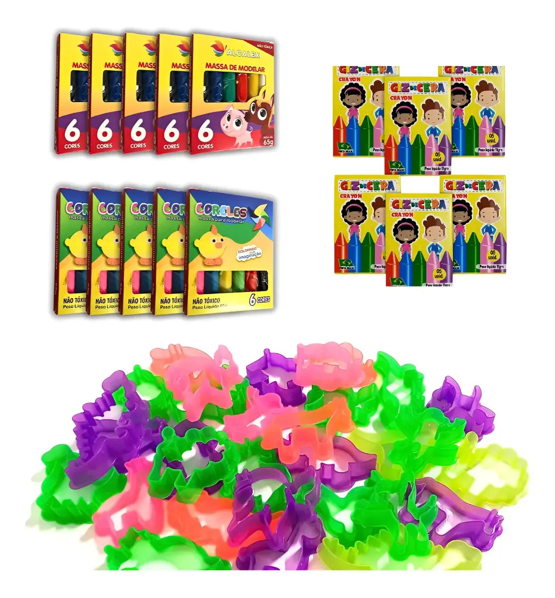 Kit 10 ( Massinha Modelar+ Mini Giz Cera + Cortadores Molde) Sortidas