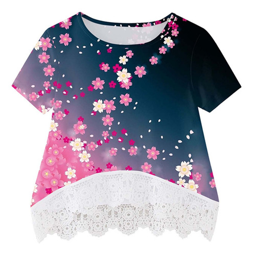 Camisa Cómoda Para Niñas Con Cuello Redondo Y Estampado Flor