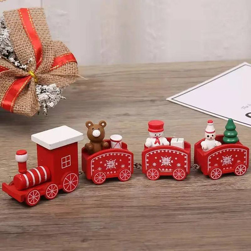 Decoración Mini Tren 3 Vagones Navidad Madera Hecha A Mano 