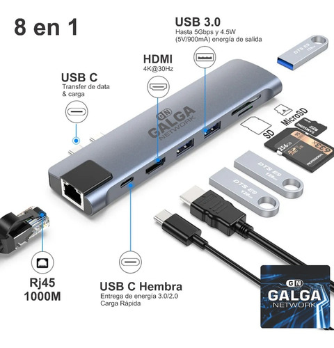 Imagen 3 de 9 de Adaptador Macbook Pro Air 13 15 16 8-1hdmi-sd-micro-rj45-usb