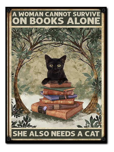 #1619 - Cuadro Decorativo - Gato Negro Libros Poster Retro