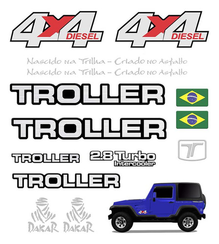 Kit Adesivos Troller 2005 4x4 Emblema Refletivo Prata Dakar