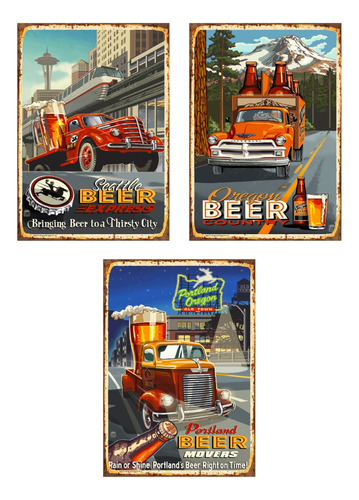 Set 3 Carteles Metalicos  Camiones Cerveceros  40x28 Cm C/u.