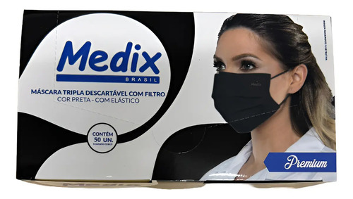 Mascara Descartavel Medix Tripla Preta Com 50 Hospitalar